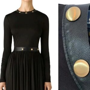 ST. JOHN Leather Trim Crepe Viscose Jersey Mesh Sleeve Shirt Black Size XS NWT